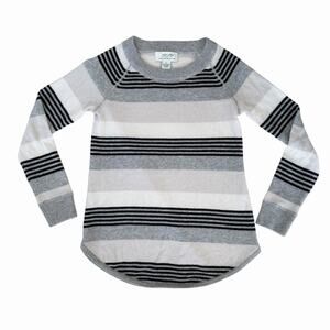 PLY 100% Cashmere Striped Sweater Women’s XS, Soft Neutral Gray Cream Black